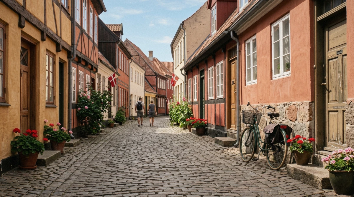 A cobbled lane of old townhouses, one of the things to do in Helsingør beyond Kronborg