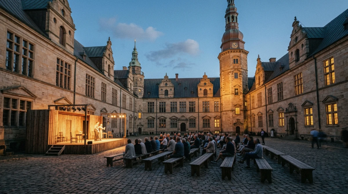 An open-air stage in the courtyard of Kronborg at dusk, the castle Shakespeare used as Hamlet Castle