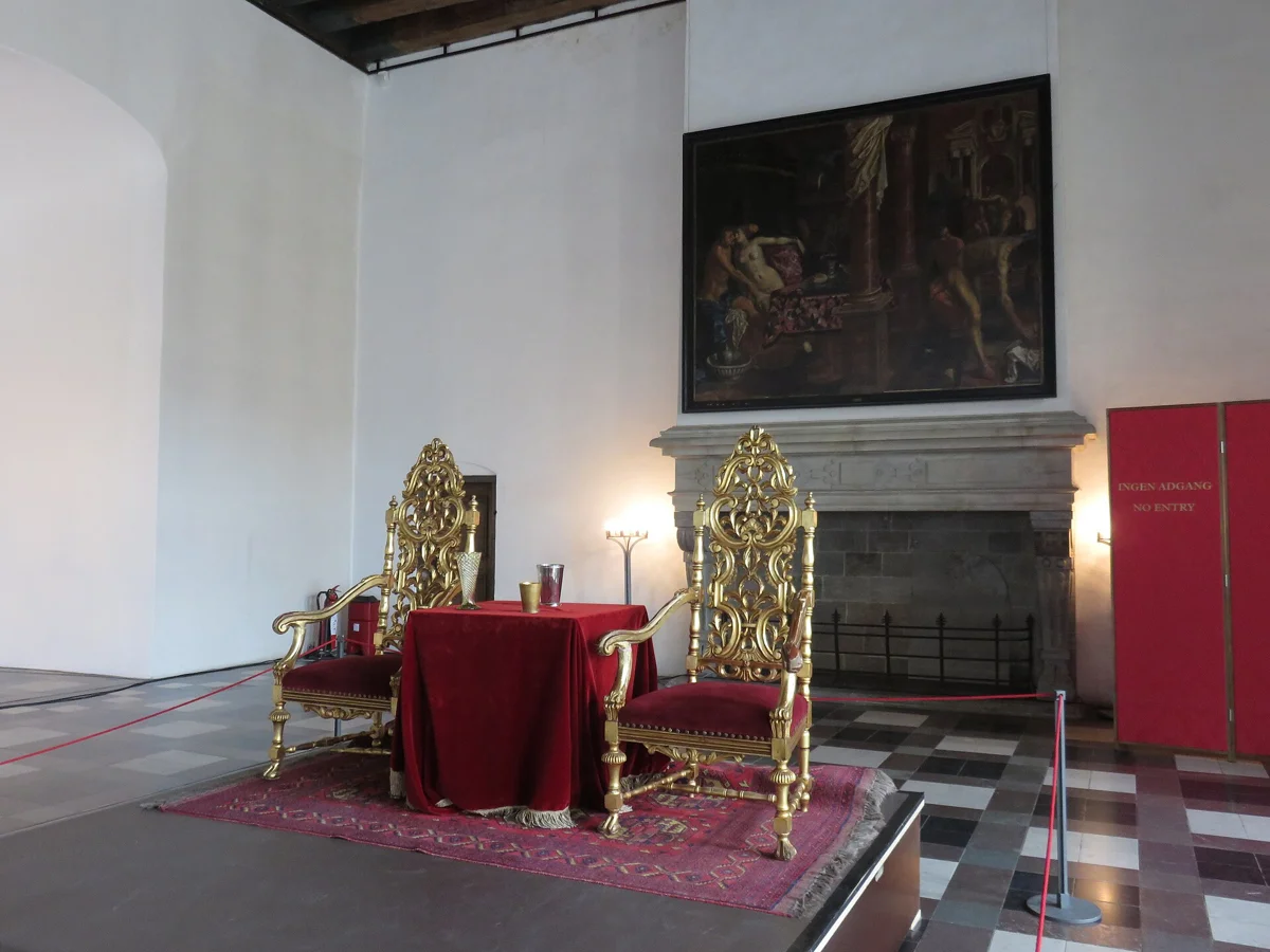 The Ballroom at Kronborg dressed with set pieces for a production of Hamlet at Hamlet Castle