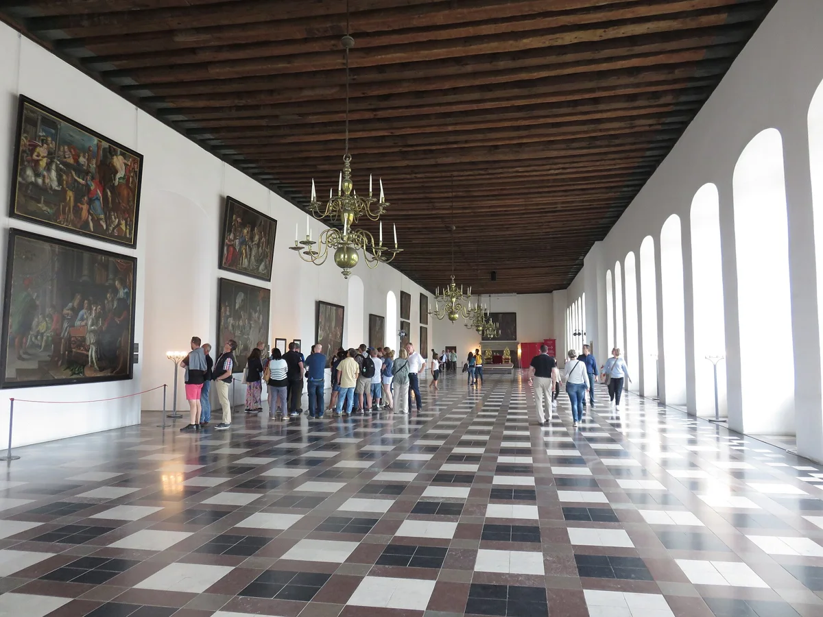 The Great Ballroom inside Kronborg Castle, the room every Hamlet Castle tour walks through